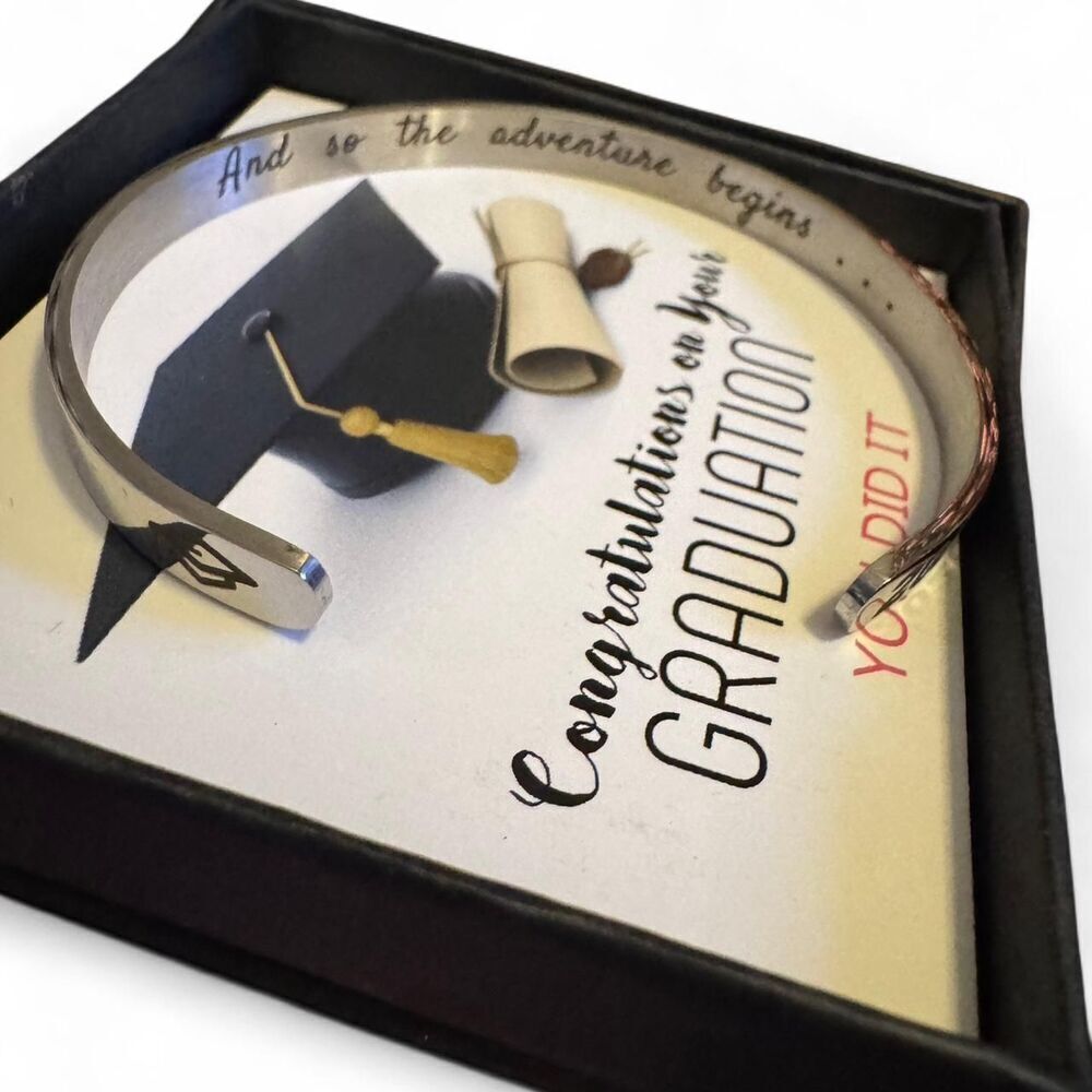 2025 Graduation Bracelet – “And So the Adventure Begins” Stainless Steel Cuff